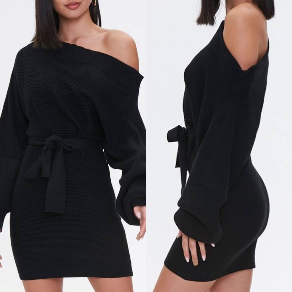 . Warm Hugs Off The Shoulder Black Chunky Knit Belted Mini/Midi Sweater Dress - Picture 3 of 13